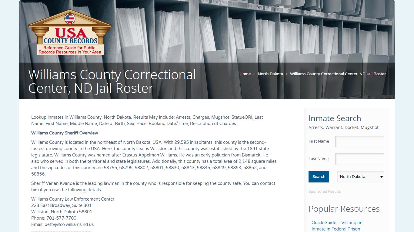 Williams County Correctional Center, ND Jail Roster | Name ...